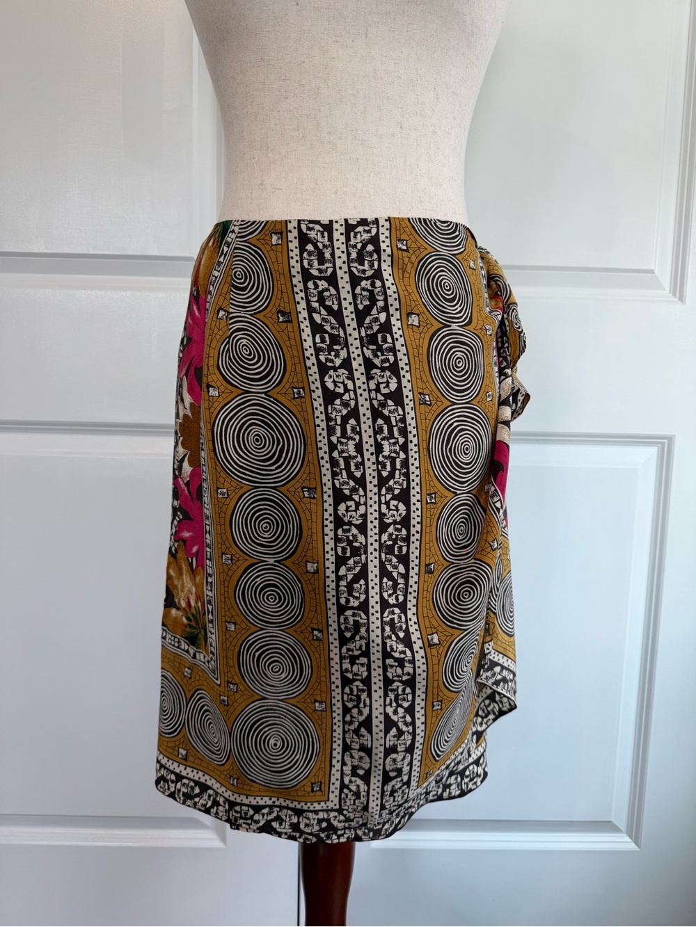 August Silk 100% Silk Wrap Sarong Floral Geometric Print Mustard Red Black Small